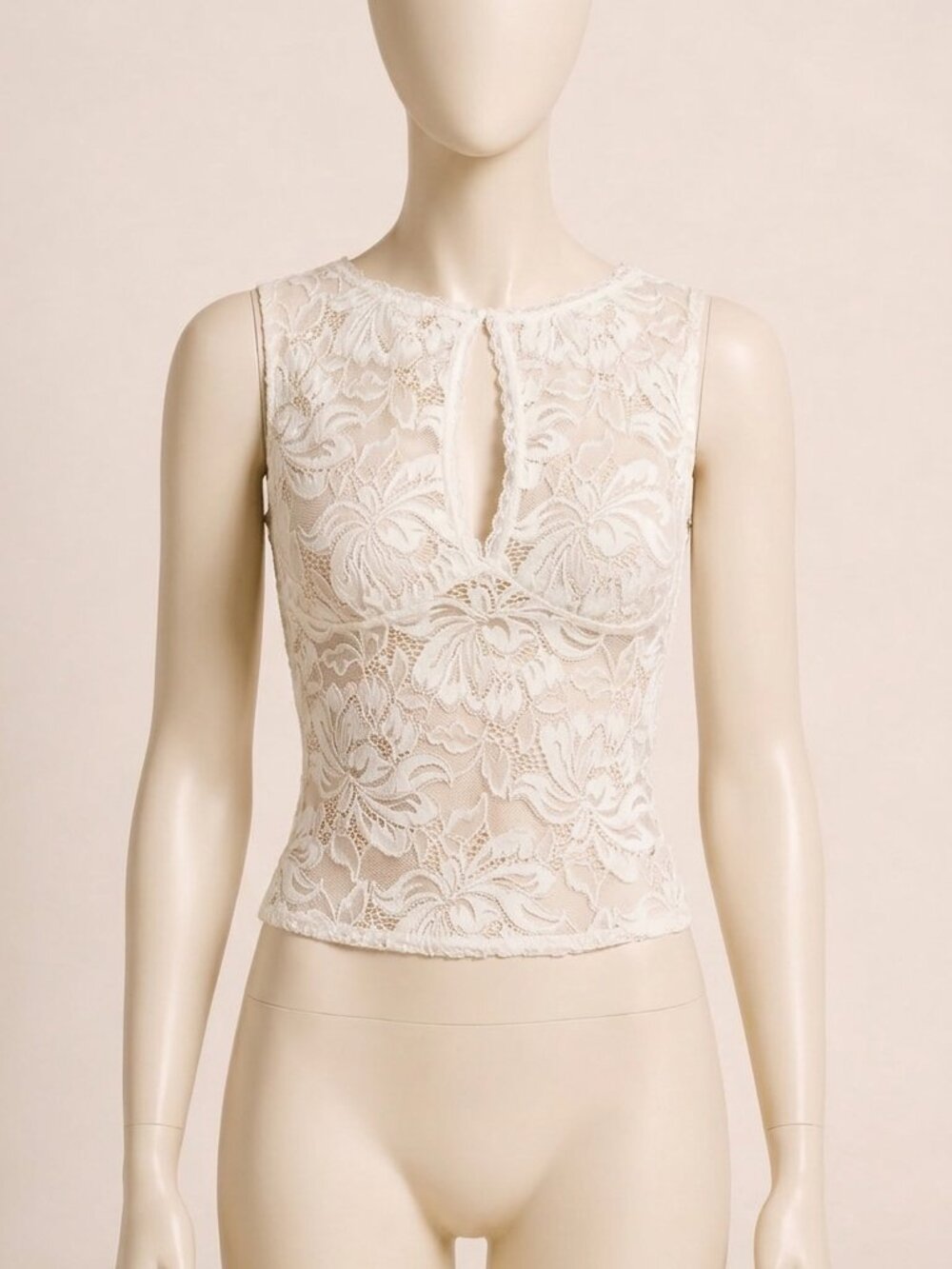 CIDER Vintage Sheer Lace Boat Neck Sleeveless Creme Top Women's Size S
